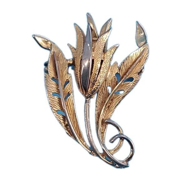 Hollwood Brooch Flower Bud & Two Leaves Vitage Gold Tone Mid Century Estate - Picture 1 of 11